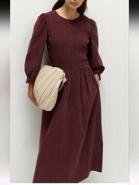NWOT M&S Smocked Bodice Long Sleeve Midi Dress in Burgundy